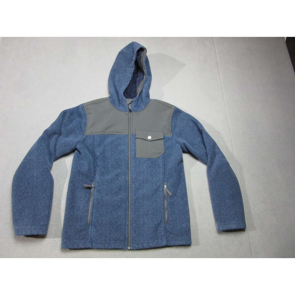 REI Fleece Hoodie Boys Large 14/16 Blue Hi Pile Sherpa Lined Herringbone Jacket